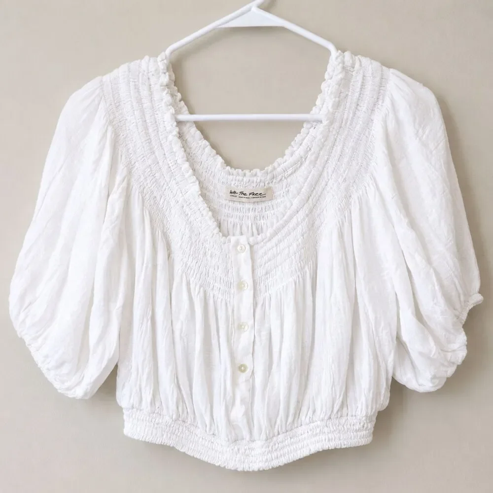 Free People We The Free White Smocked Peasant Top Large Cotton Boho Shirt